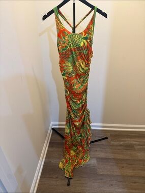 Green and Orange Tropical Print Maxi Dress with Cross-Back Straps